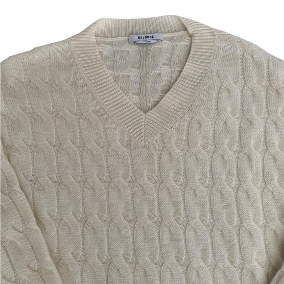 Re/Done Women’s Lattice Cable V-Neck Sweater Cream 100% Cashmere Minimalist L - Picture 4 of 7